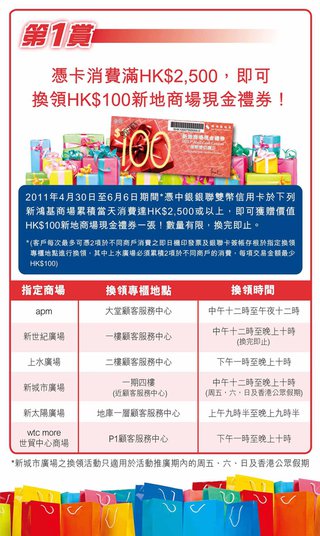中銀銀聯雙幣信用卡卡戶專享新地商場消費換領HK$100商場現金禮券優惠