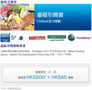 Citibank信用卡賞客户惠康及指定超市HK$60禮券