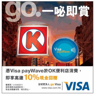 一咇即賞: 憑Visa payWave於OK便利店消費即享HK$50優惠劵或高達10%現金回贈