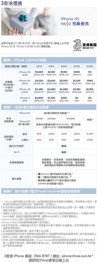 Citibank信用卡專享3香港iPhone 4S港幣$0預繳優惠