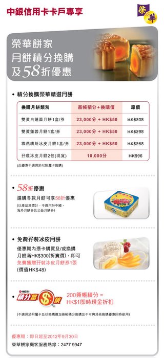 中銀信用卡卡戶專享榮華月餅積分換購及58折優惠