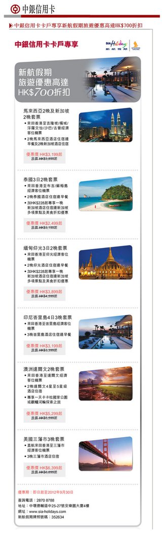 中銀信用卡卡戶專享：新航假期旅遊優惠高達HK$700折扣