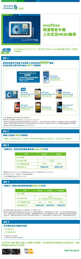 渣打及Manhattan信用卡尊享one2free精選智能手機上台低至HK$0機價 